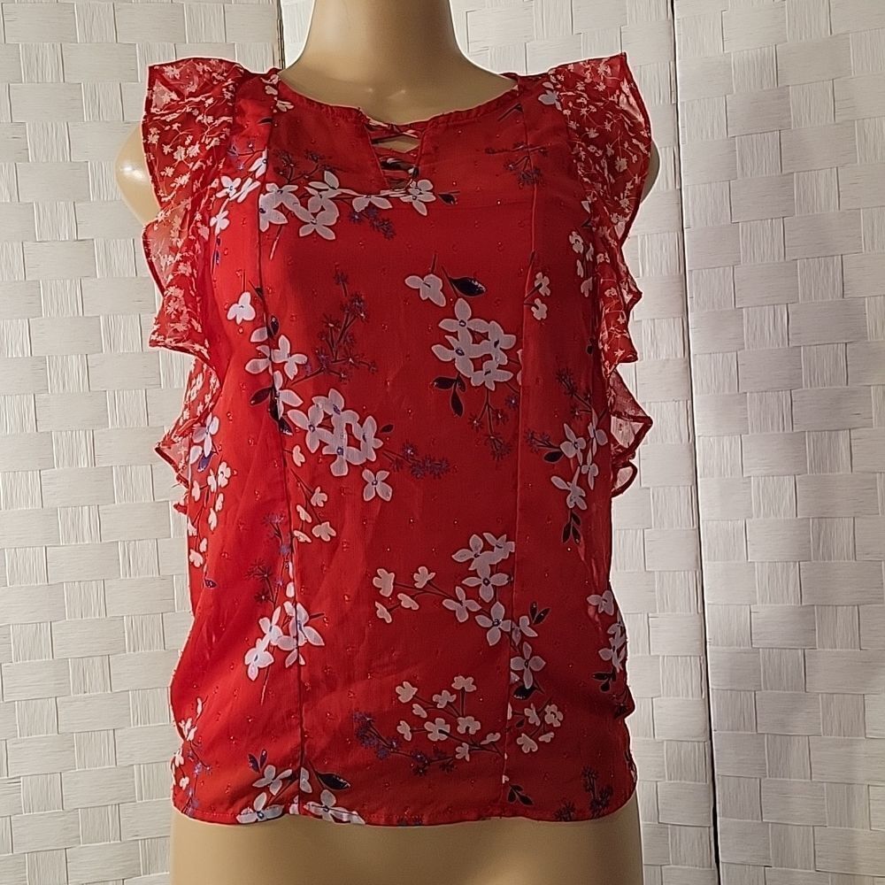 CANDIES CASUAL SLEEVELESS RUFFLE ROUNDNECK ALL OVER FLORAL PRINTED DESIGN SHIRT - Picture 10 of 13